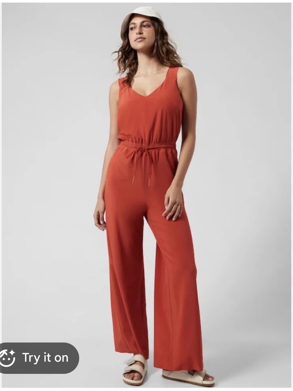 Athleta Savannah Sleeveless V-Neck Wide-Leg Jumpsuit in Burnt Orange